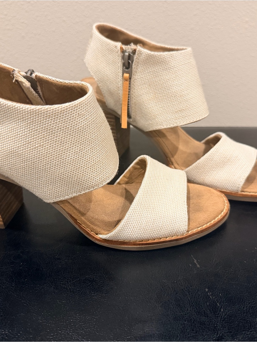 Toms Cream Canvas Block Heel Sandals with Back Zip